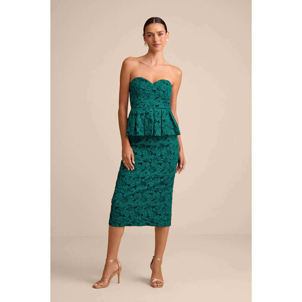 Lulus Frederica Emerald Green Floral Jacquard Peplum Midi Dress - Size XS